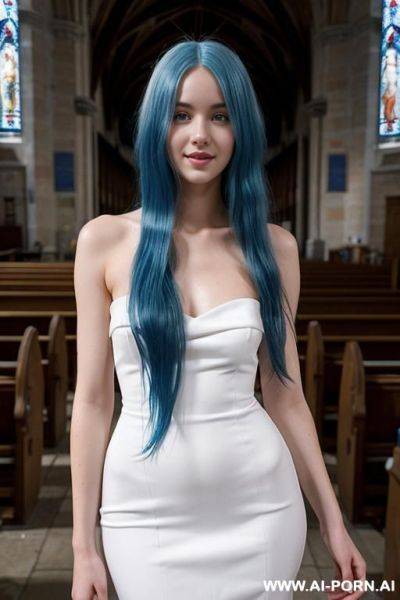 Perfect body in a strapless white dress. long wavey hair. happy - ai-porn.ai on pornintellect.com