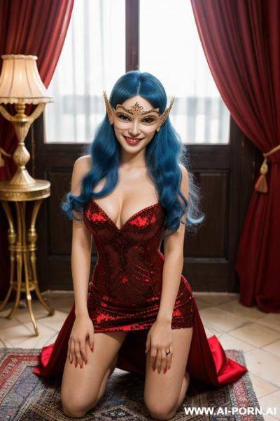 Perfect body in a short tight red dress. long wavey hair. masquerade mask, kneeling looking up and smiling - ai-porn.ai on pornintellect.com