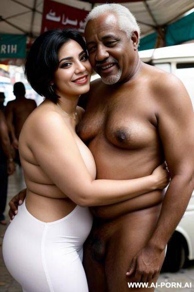 Smiling curvy egyptian busty wife with messy short haircut fully naked hugged from old homeless black man in market - ai-porn.ai - Egypt on pornintellect.com