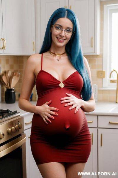 Perfect body in a short red dress, long straight hair, gold choker, nerd glasses, hands on chin - ai-porn.ai on pornintellect.com