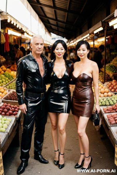 Naked man and old mistress in leather dress standing in market - ai-porn.ai on pornintellect.com
