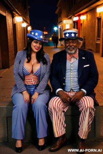 Smiling curvy russian brunette busty wife with messy haircut fully naked sitting with old homeless fat black man at night - ai-porn.ai - Russia on pornintellect.com