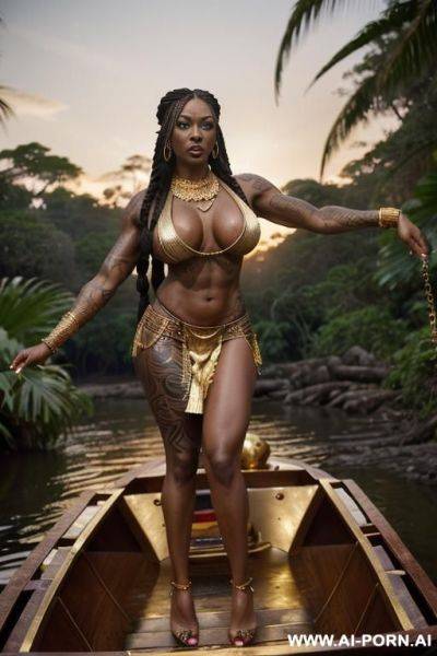 Beautiful fit ethiopian queen, (lean toned body), (((defined muscles))), ((abs)), (((((saggy boobs))))), (((gold necklace))), ((long gold braided hair)), (((gold loincloth))), squatting on a wooden raft - ai-porn.ai - Ethiopia on pornintellect.com