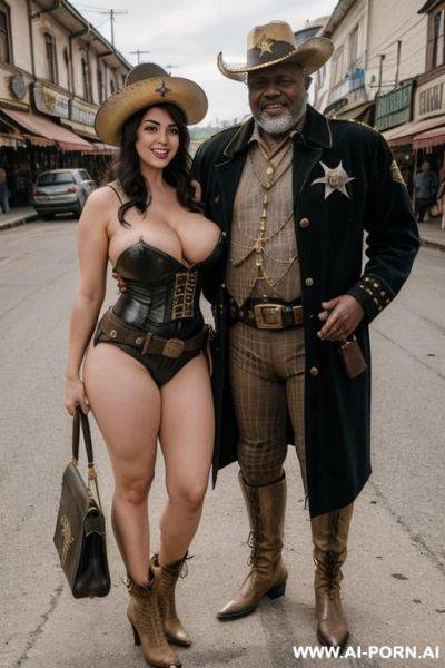Smiling curvy russian brunette busty wife with messy haircut fully naked standing with old homeless fat black man in market - ai-porn.ai - Russia on pornintellect.com