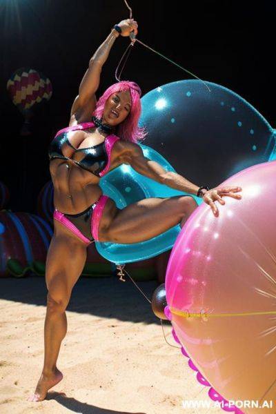 Stunning ebony black woman, huge tits, big ass, fitness, abs, tattoos, oiled, spread pussy, muscular thighs, poolside hotel - ai-porn.ai on pornintellect.com