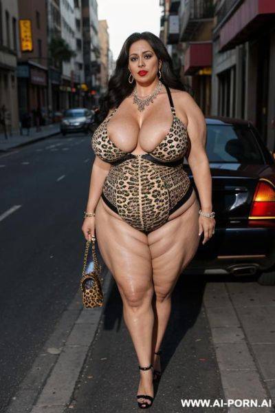 Latina, fat old milf, animal print hooker outfit, huge saggy boobs, necklace, chocker, elries, street night, waist shot - ai-porn.ai on pornintellect.com