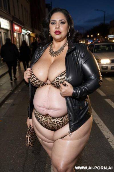 Latina, fat old milf, animal print hooker outfit, huge saggy boobs, crop jacket, necklace, chocker, elries, street night, waist shot - ai-porn.ai on pornintellect.com