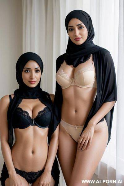 Two arab womans in a hijab and bra hiding their private parts with a cushion - ai-porn.ai on pornintellect.com