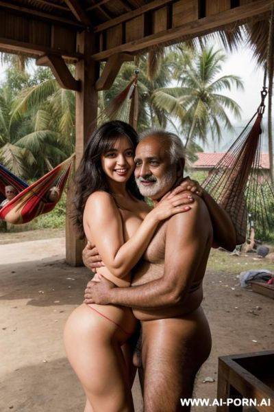 Smiling curvy russian brunette busty wife with messy haircut fully naked hugged from old homeless fat indian man - ai-porn.ai - Russia - India on pornintellect.com