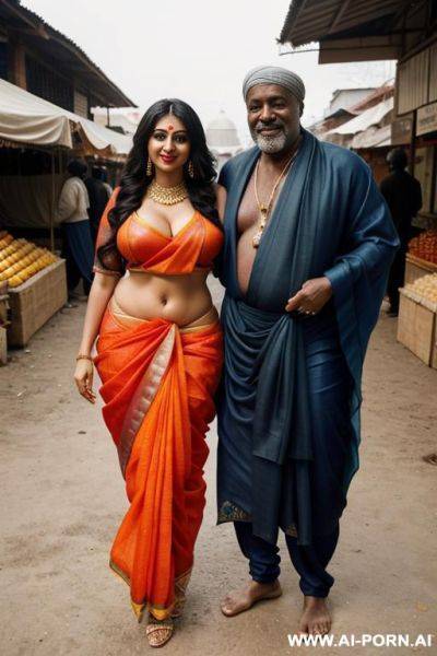 Ultra realistic smiling curvy russian busty wife exhibition nude standing with old homeless black man in market - ai-porn.ai - Russia on pornintellect.com