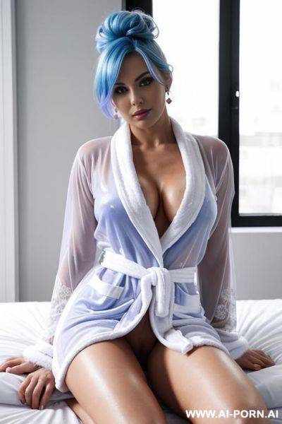 (sheer short white completely open bathrobe), laying back in bed with legs spread open, unbuttoned unzipped legs spreading detailed vagina cleavage, eye contact, looking at camera, earrings, makeup - ai-porn.ai on pornintellect.com