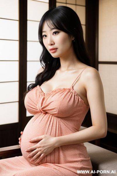 Japanese woman, ((detailed face)), pregnant, wearing a sundress - ai-porn.ai - Japan on pornintellect.com