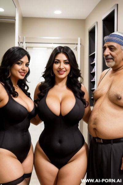 Smiling curvy egyptian busty wife standing between two old homeless egyptian men colored - ai-porn.ai - Egypt on pornintellect.com