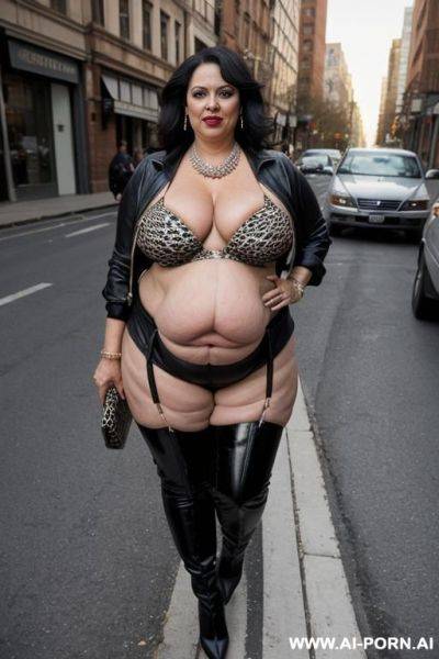 Latina, fat old milf, animal print hooker outfit, huge saggy boobs, crop jacket, clean tummy, necklace, chocker, elries, high heels boots, street night, waist shot - ai-porn.ai on pornintellect.com
