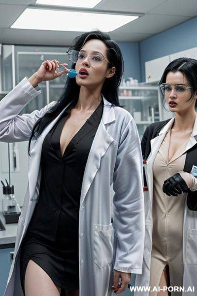((2 scientist women) (light skin) (blue eyes) (long straight black hair) (open lab coat)) (biology lab) ((1 male (short black hair)) (playing with cum in pussy)) - ai-porn.ai on pornintellect.com