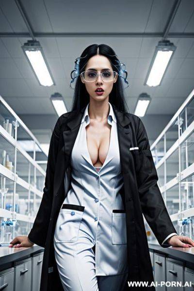 (light skin) (blue eyes) (long straight black hair) (open lab coat) (hands in pocket) (biology lab) - ai-porn.ai on pornintellect.com