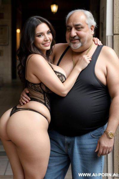Smiling curvy russian brunette busty wife hugged from old homeless egyptian fat man - ai-porn.ai - Russia - Egypt on pornintellect.com