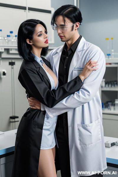 ((scientist woman) (light skin) (blue eyes) (long straight black hair) (open lab coat)) (biology lab) ((hugging) (1 male (short black hair)) (playing with cum in pussy)) - ai-porn.ai on pornintellect.com