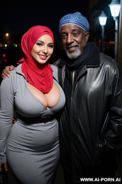 Smiling curvy russian brunette busty wife wearing hijab hugged from old black homeless man at night - ai-porn.ai - Russia on pornintellect.com