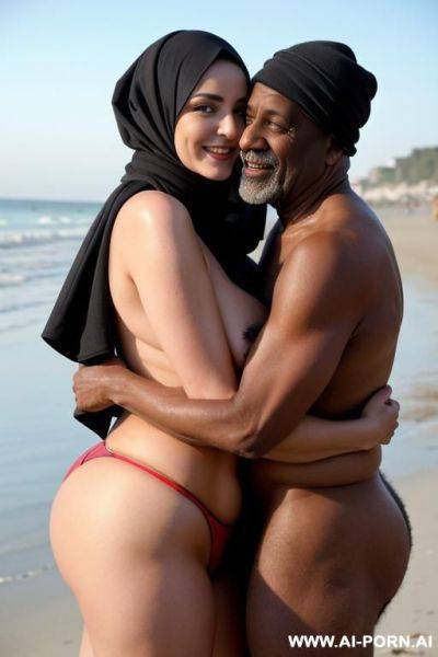 Smiling curvy russian brunette busty wife wearing colored hijab hugged from old black homeless man - ai-porn.ai - Russia on pornintellect.com
