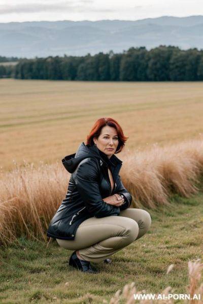 Posh mature woman wearing pants, jacket in field - ai-porn.ai on pornintellect.com