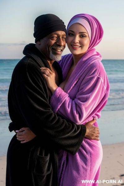Smiling curvy russian brunette busty wife wearing colored hijab topless hugged from old black homeless man on beach - ai-porn.ai - Russia on pornintellect.com
