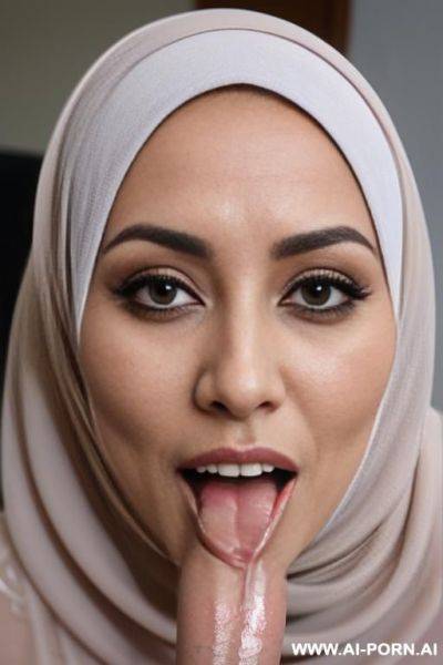 Arab woman hijab, 0 years old, on her knees, mouth open and full of cum, cum dripping from her mouth - ai-porn.ai on pornintellect.com