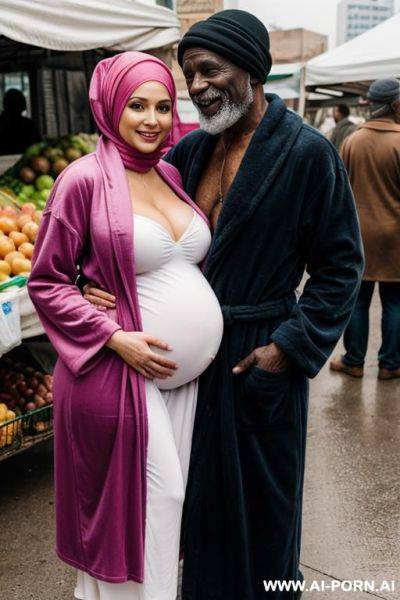 Smiling curvy russian brunette pregnant wife wearing colored hijab topless hugged from old black homeless man in market - ai-porn.ai - Russia on pornintellect.com