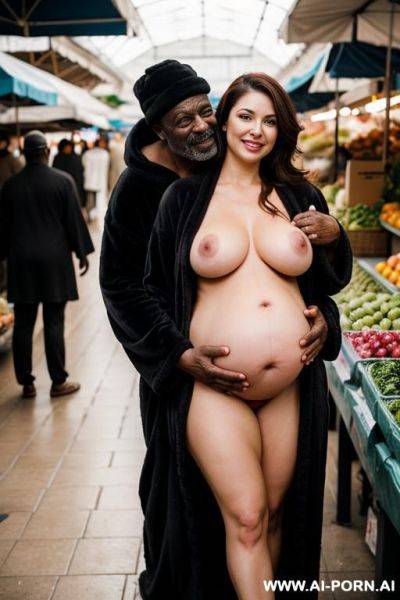 Smiling curvy russian brunette pregnant wife topless hugged from old black homeless man in market - ai-porn.ai - Russia on pornintellect.com