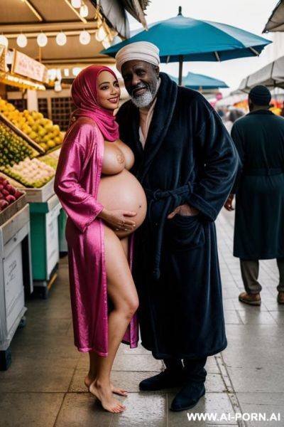 Smiling curvy russian brunette pregnant wife wearing colored hijab exhibition nude hugged from old black homeless man in market - ai-porn.ai - Russia on pornintellect.com