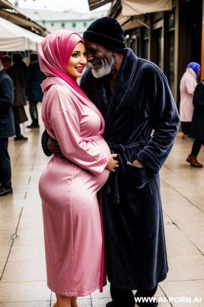 Smiling curvy russian brunette pregnant wife wearing colored hijab hugged from old black homeless man in market - ai-porn.ai - Russia on pornintellect.com
