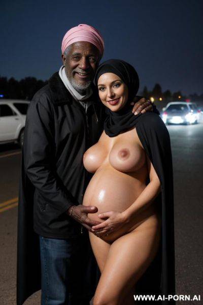 Smiling curvy russian brunette pregnant wife wearing colored hijab topless hugged from old black homeless man at night - ai-porn.ai - Russia on pornintellect.com
