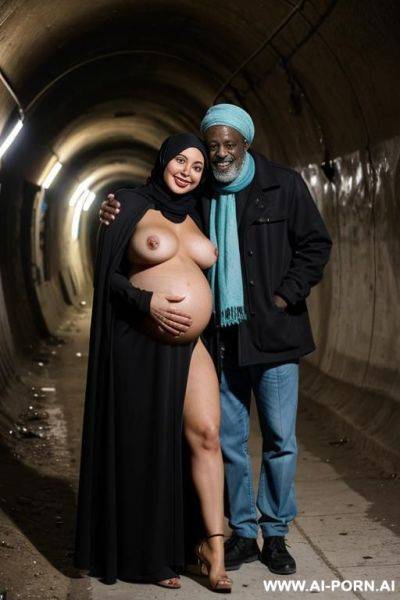 Smiling curvy russian brunette pregnant wife wearing colored hijab topless hugged from old black homeless man in underground tunnels - ai-porn.ai - Russia on pornintellect.com