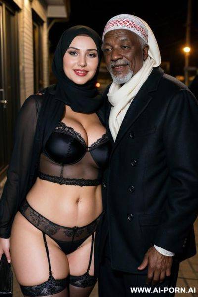 Smiling curvy russian brunette busty wife wearing hijab hugged from old black homeless man at night - ai-porn.ai - Russia on pornintellect.com