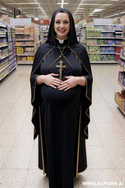 Smiling curvy russian brunette pregnant wife topless in supermarket - ai-porn.ai - Russia on pornintellect.com