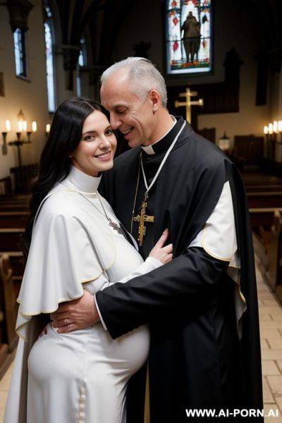 Smiling curvy russian brunette pregnant wife topless hugged from black homeless old man in church - ai-porn.ai - Russia on pornintellect.com