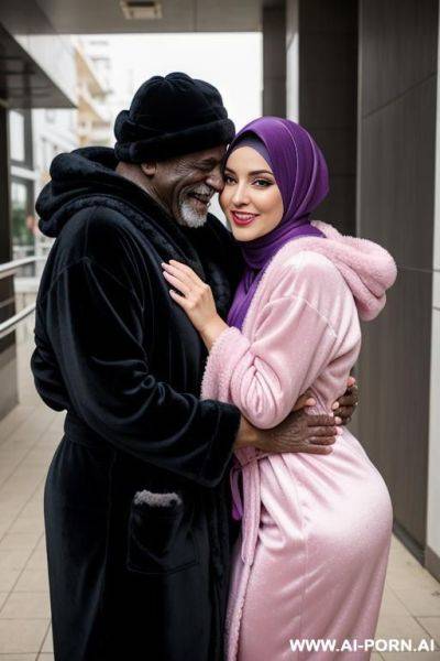 Smiling curvy russian brunette busty wife wearing colored hijab and lingerie hugged from old black homeless man - ai-porn.ai - Russia on pornintellect.com