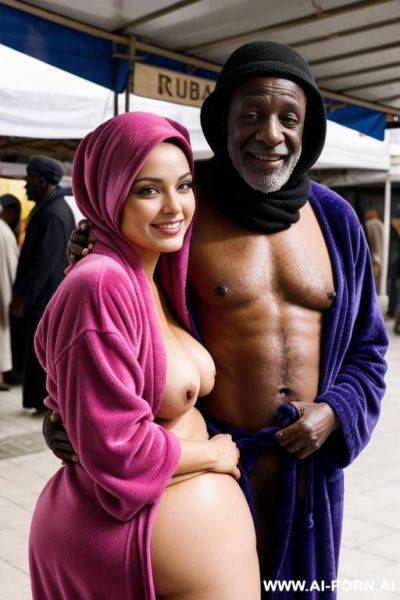 Smiling curvy russian brunette busty wife wearing colored hijab topless hugged from old black homeless man in market - ai-porn.ai - Russia on pornintellect.com
