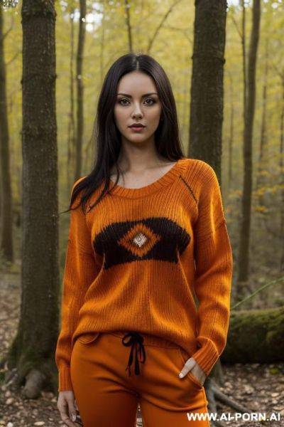 Mexican, orange sweater, orange pants, black hair, eye contact, looking to the viewer - ai-porn.ai - Mexico on pornintellect.com