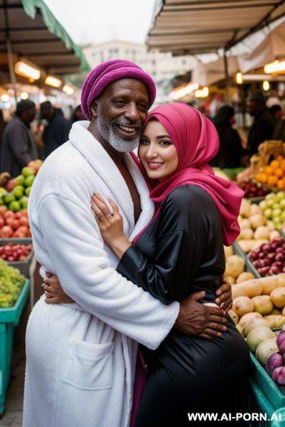 Smiling curvy russian brunette pregnant wife wearing colored hijab topless hugged from old black homeless man in market - ai-porn.ai - Russia on pornintellect.com