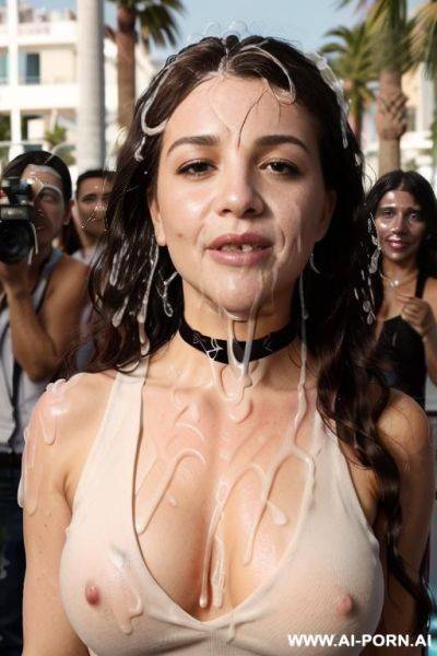 (((white see-through sleeveless very high-necked loose top))), (((nipples shining through))), (((((black choker))), wet skin, ((cum on face:2.0)) - ai-porn.ai on pornintellect.com