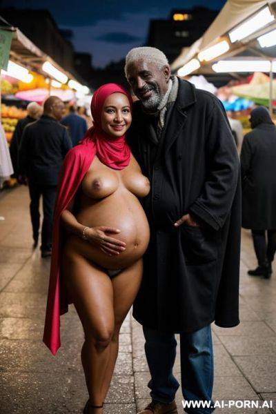Smiling curvy russian brunette pregnant wife wearing colored hijab topless hugged from old black homeless man in market at night - ai-porn.ai - Russia on pornintellect.com