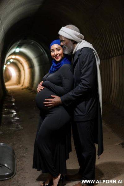 Smiling curvy russian brunette pregnant wife wearing colored hijab topless hugged from old black homeless man in underground tunnels - ai-porn.ai - Russia on pornintellect.com