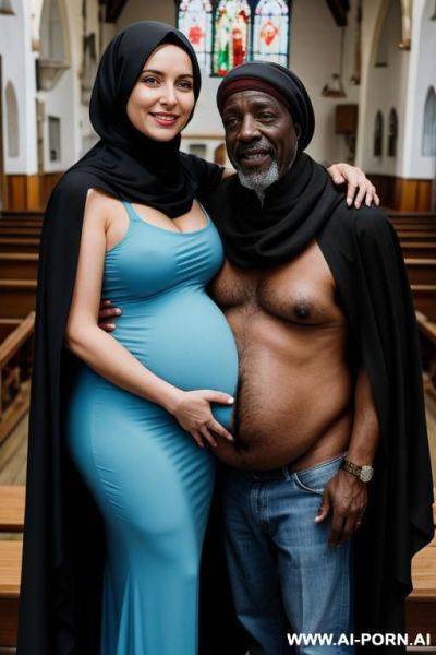 Smiling curvy russian brunette pregnant wife wearing colored hijab topless hugged from old black homeless man in church - ai-porn.ai - Russia on pornintellect.com