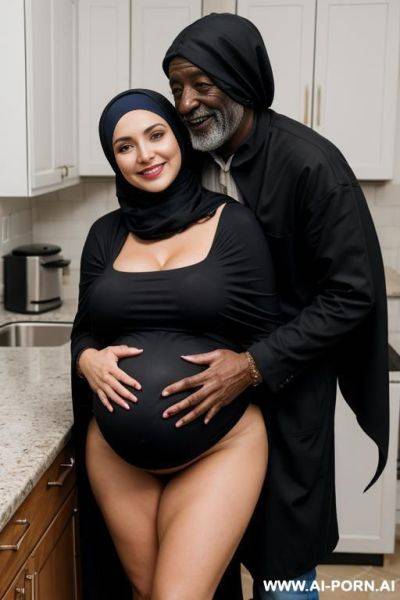Smiling curvy russian brunette pregnant wife wearing colored hijab topless hugged from old black homeless man in kitchen - ai-porn.ai - Russia on pornintellect.com
