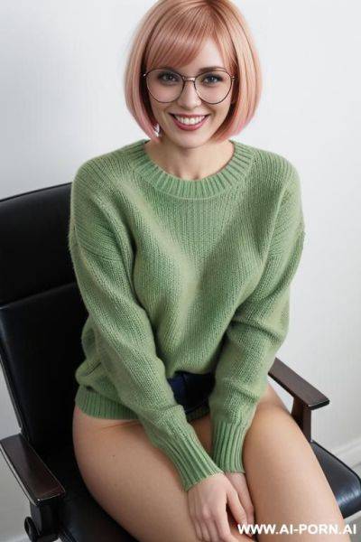 Blond playmate ,smiling, naked, short razor cut hair, (((busty))), green sweater - ai-porn.ai on pornintellect.com