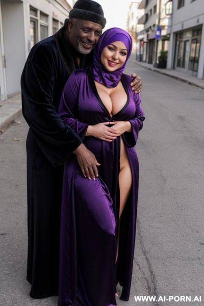 Smiling curvy russian busty wife wearing colored hijab and dark violet silky robe naked hugged from homeless old black man - ai-porn.ai - Russia on pornintellect.com
