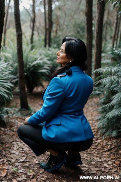 Mature woman squatting in underbrush, blue coat, black pants, backview - ai-porn.ai on pornintellect.com