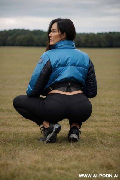 Woman squatting in field, blue jacket, black pants, backview - ai-porn.ai on pornintellect.com