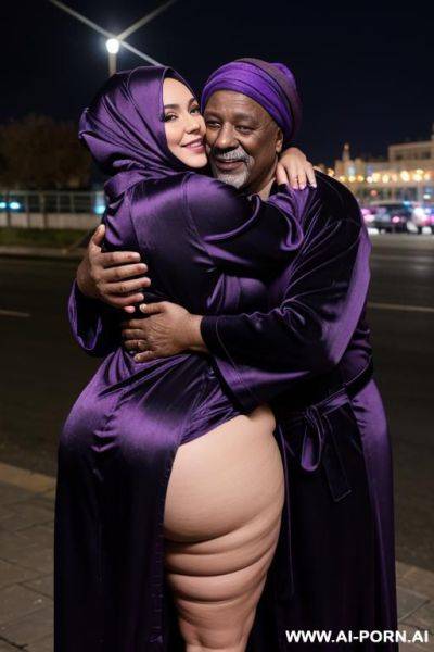 Smiling curvy russian busty wife wearing colored hijab and dark violet silky robe naked hugged from homeless old black man at night - ai-porn.ai - Russia on pornintellect.com